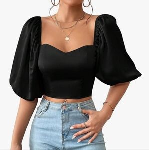 Women's Half Puff Sleeve Sweetheart Neck Crop Blouse Top